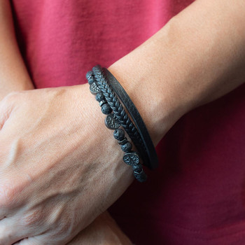 Bracelet cuir noir pierres naturelles noires 20cm