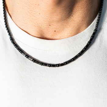 Collier acier vieilli agates noires 51cm