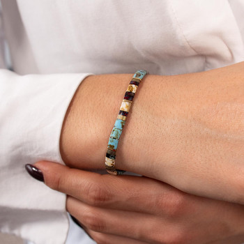 Bracelet élastiques perles japonaises MIYUKI en verre émaillé ton bleu marron blanc et doré 17cm