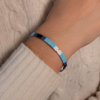 Bracelet élastiques perles japonaises MIYUKI en verre émaillé ton bleu blanc et doré 17cm