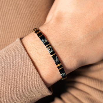 Bracelet élastiques perles japonaises MIYUKI en verre émaillé ton noir gris et doré 17cm