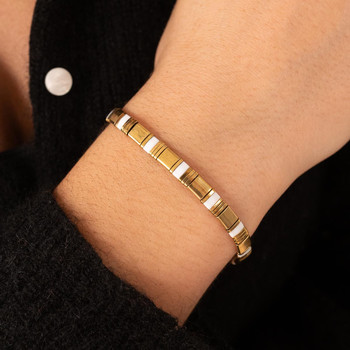 Bracelet élastiques perles japonaises MIYUKI en verre émaillé ton blanc et doré 17cm