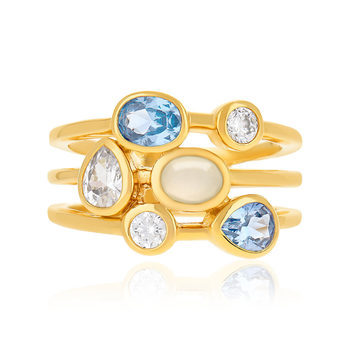 Bague plaqué or pierres synthétiques bleues et blanches