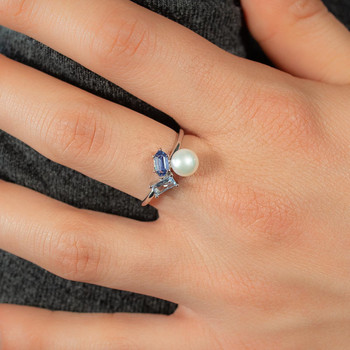Bague argent 925 perle de Chine et topazes