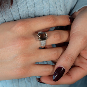 Bague argent 925 quartz fumé et zirconias
