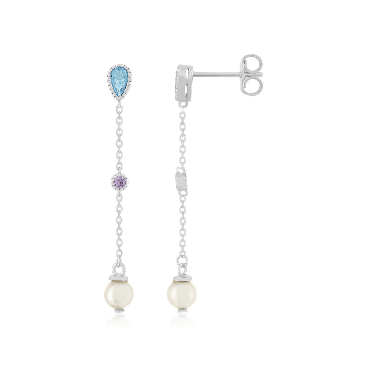 Boucles d'oreilles argent 925 perles de culture de Chine pierres imitation bleues et zirconias