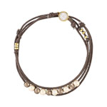 Bracelet plaqu&eacute; or cristal perle imitation cordon coton marron