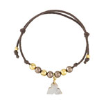 Bracelet plaqu&eacute; or perle imitation nacre cordon coton marron
