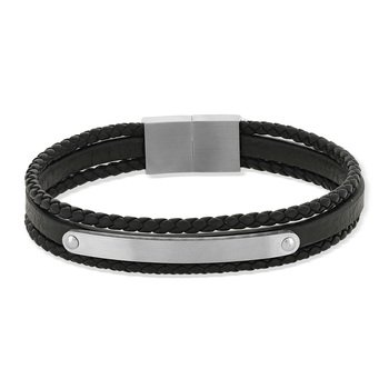 Bracelet cuir véritable acier multirangs noir