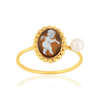 Bague or 375 jaune or camées marrons et perle de culture de Chine