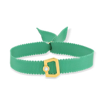 Bracelet boucle plaqué or jaune zirconias ruban vert 21cm