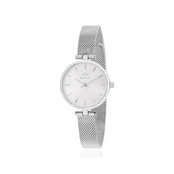Montre MATY femme, bracelet maille milanaise acier inoxydable argent