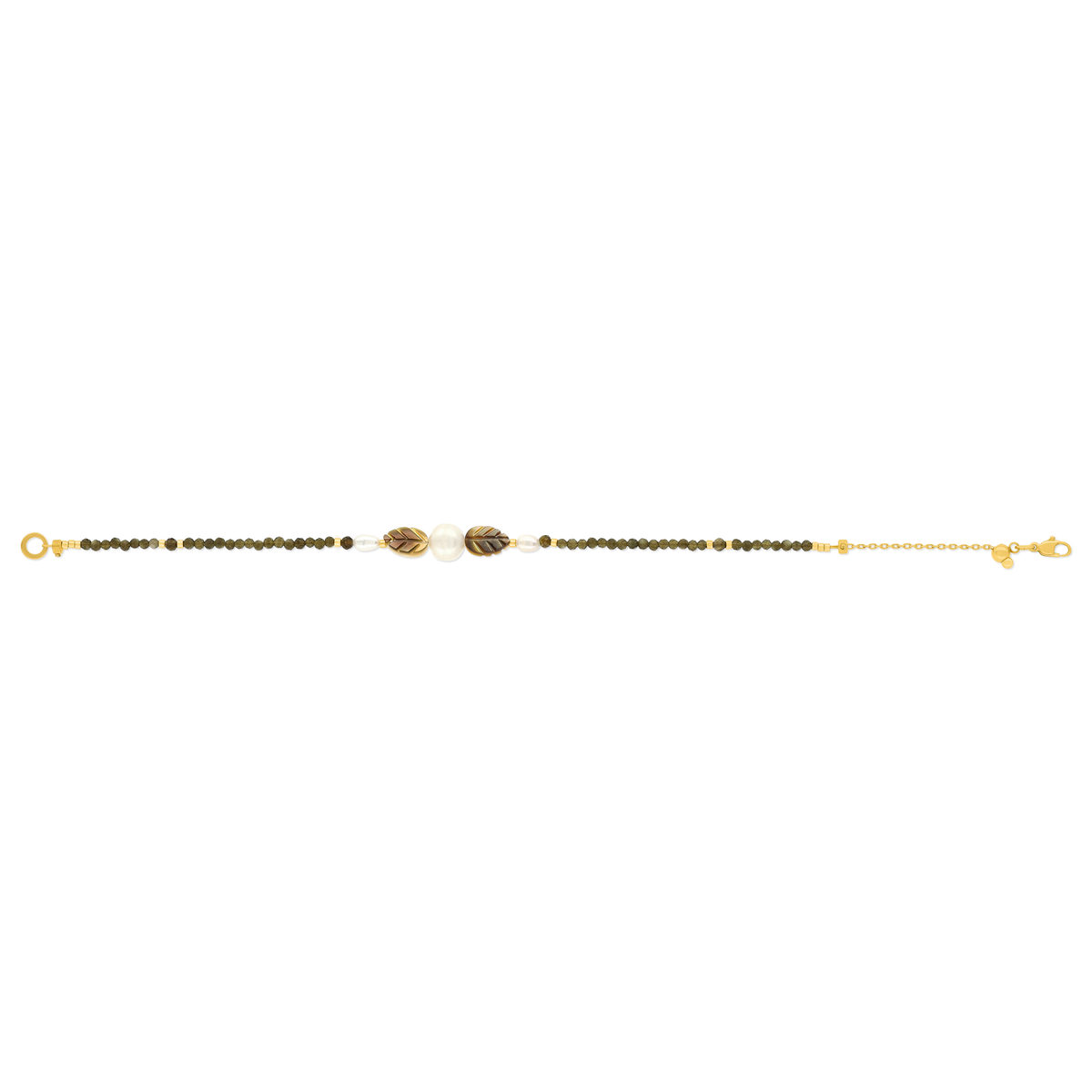 Bracelet acier jaune motifs feuilles pierres naturelles et perles de culture de Chine 18cm - vue 2