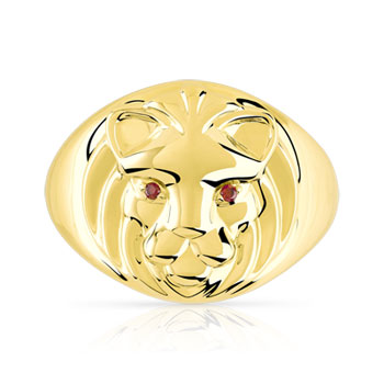Chevalière plaqué or tête de lion zirconias rouges