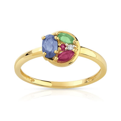 Bague or 375 jaune 2 tons pierres precieuses et diamant