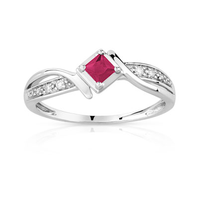 Bague or 375 blanc rubis et diamant