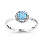 Bague or 375 blanc topaze bleue trait&eacute;e et diamant
