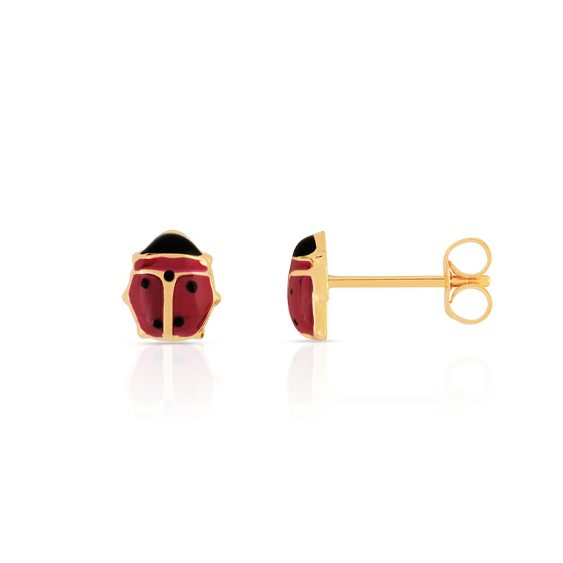 Boucles d'oreilles or 375 jaune coccinelles laques - vue D1