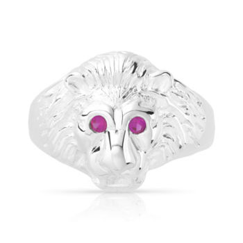 Chevalière argent 925 tête de lion rubis
