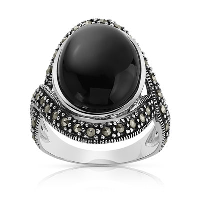 Bague argent 925 onyx marcassite - vue 1