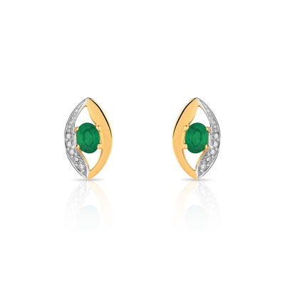 Boucles d'oreilles or 750 2 tons émeraude et diamant