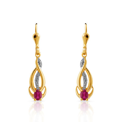 Boucles d'oreilles plaqué or 2 tons rubis synthétique - vue 1