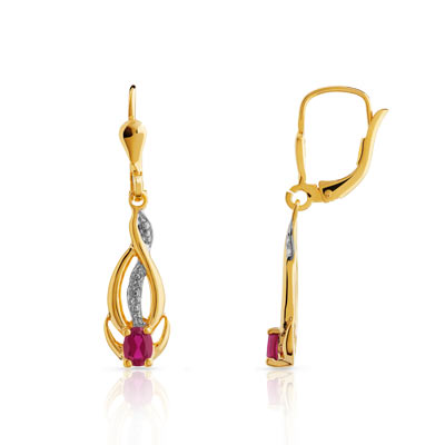 Boucles d'oreilles plaqué or 2 tons rubis synthétique - vue D1