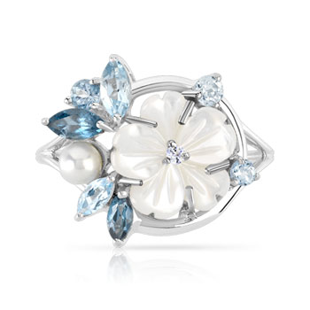 Bague or 375 blanc fleur pierres fines, nacre et perle de culture de Chine