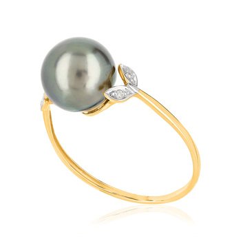 Bague or 375 2 tons perle de Tahiti et diamants