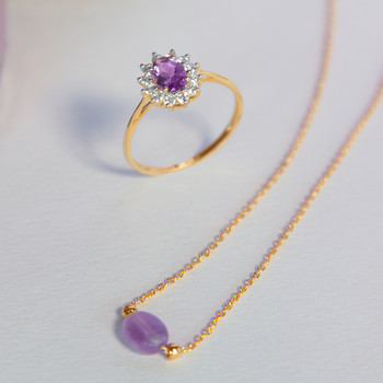 Bague or 375 2 tons fleur améthyste ovale et zirconias