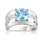 Bague or 750 blanc topaze bleue trait&eacute;e et diamant