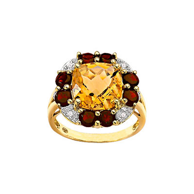 Bague or 750 2 tons citrine et grenat et diamant