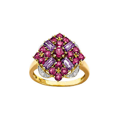 Bague or 750 2 tons améthyste et grenat et diamant