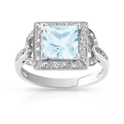 Bague or 750 blanc aigue-marine et diamant