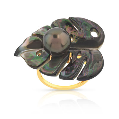 Bague or 750 jaune perle de culture de Tahiti et nacre