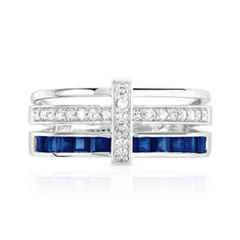 Bague or 750 blanc triple anneau saphirs carrés et diamants