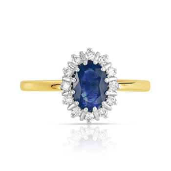 Bague 2 ors 750 saphir ovale entouré de diamants
