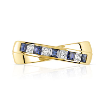 Bague or 750 2 tons anneaux croisés saphirs carrés et diamants