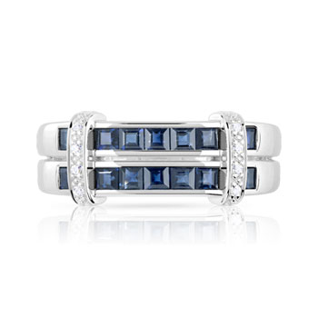 Bague or 750 blanc double anneau saphirs carrés et diamants