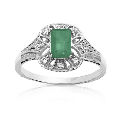 Bague or 750 blanc émeraude et diamant