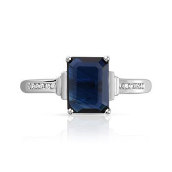 Bague or 750 blanc saphir rectangulaire et diamants