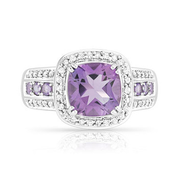 Bague or 750 blanc carrée améthystes et diamants