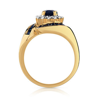 Bague or 750 jaune saphirs et saphir central entouré de diamants