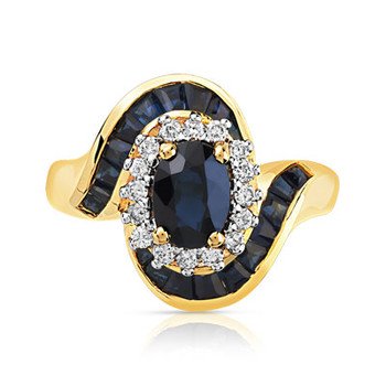 Bague or 750 jaune saphirs et saphir central entouré de diamants