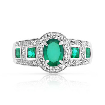 Bague or 750 blanc ovale émeraudes et diamants