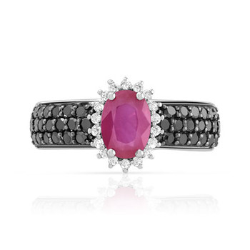 Bague or 750 blanc rubis ovale et diamants noirs et blancs