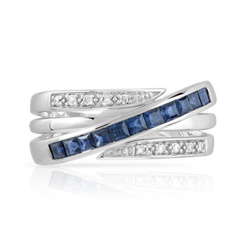 Bague or 750 blanc anneaux entrelacés saphirs et diamants