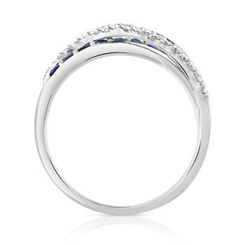 Bague or 750 blanc anneaux entrelacés saphirs et diamants