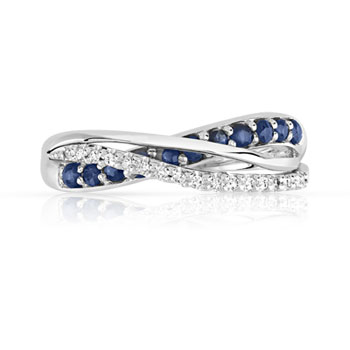 Bague or 750 blanc anneaux entrelacés saphirs et diamants