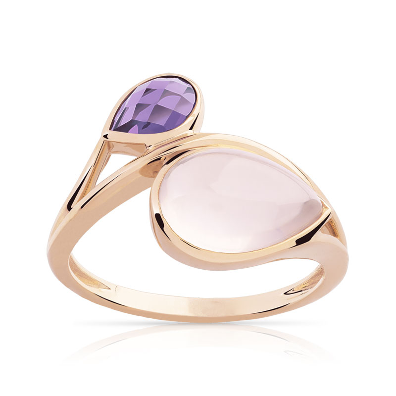 Bague or 375 rose quartz rose et améthyste - vue 1 Bague or 375 rose quartz rose et améthyste - vue 1